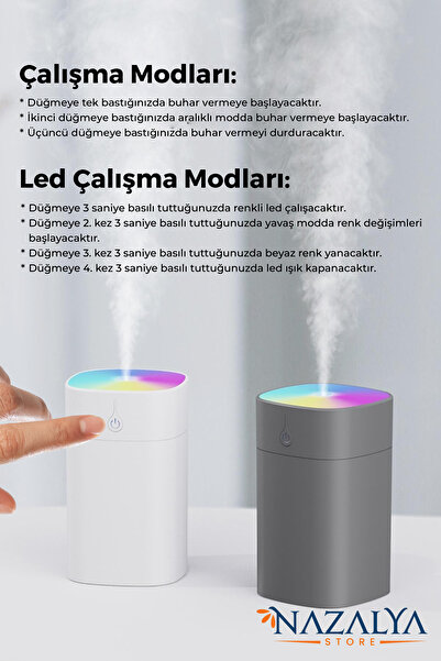 Nazalya 400 ml Ultrasonik Hava Nemlendirici Buhar Makinesi ve Aroma Difüzörü - Beyaz Renk