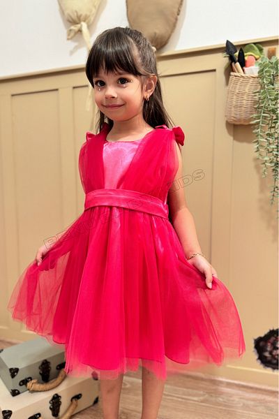 penu baby kids Fuchsia Tulle Baby Girl Dress with Bow on the Shoulder - Bow