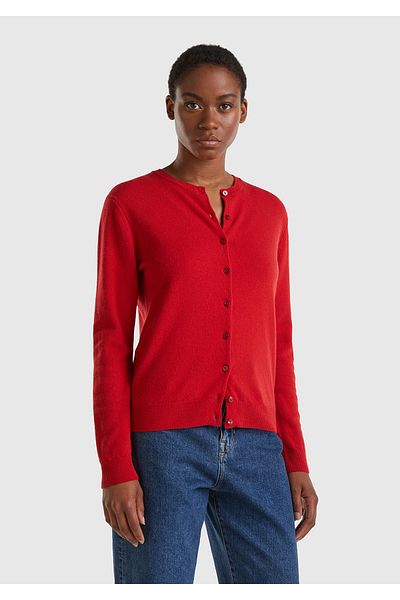 United Colors of Benetton Red Merino Cardigan - Crew Neck Women