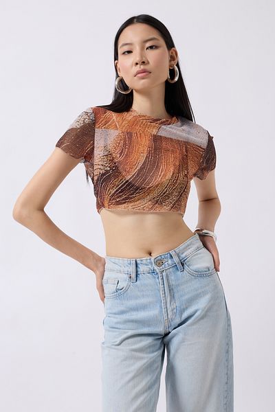 Black Fashion Πορτοκαλί μπλούζα από τούλι με μισό μανίκι