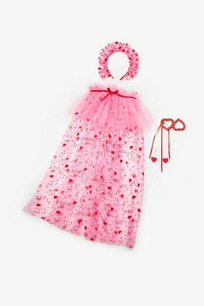 Le Mabelle Pink Flock Heart Printed Girl's Cape, Staff and Crown Set