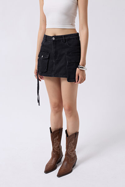 Black Fashion Gray Mini Denim Skirt - Cargo Pocket Suitable