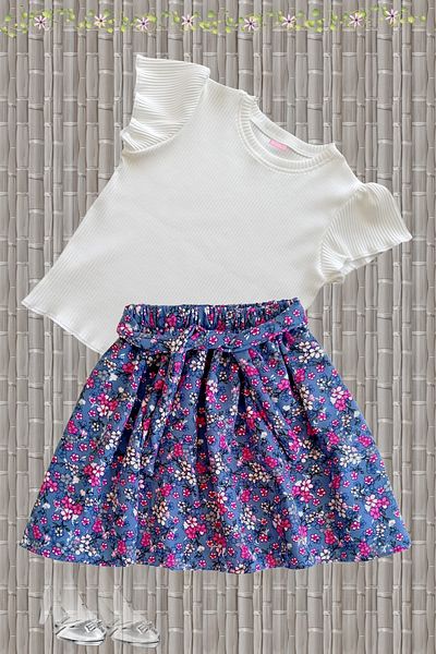 MODA59 Girl's Skirt Suit, Skirt T-Shirt Suit, Floral Skirt Twill Ecru T-Shirt