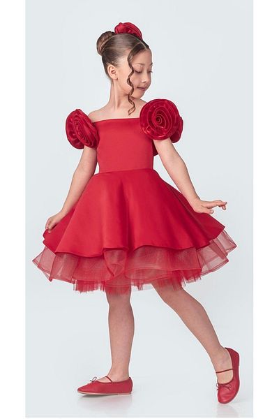 Baby Rose Detailed Buckle Boat Neck Satin Fluffy Evening Dress Birthday Party Costume Girl Children's Dress