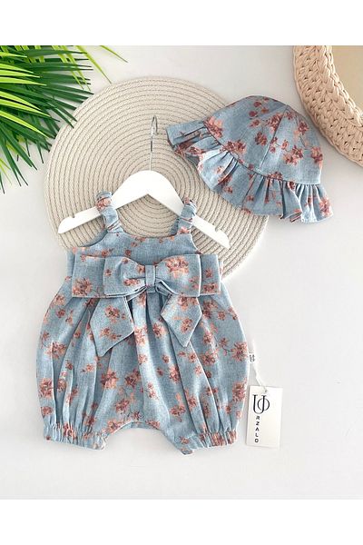 Jammybaby Sarah Bow 100% Cotton Linen Baby Girl Romper and Ruffle Hat Set-Blue