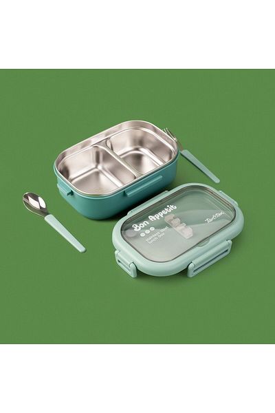 ASPARTAM Rectangular Food Container with Fork and Spoon - Green - 850 ml