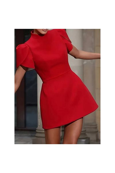 BAYAN Short Sleeved Back Butterfly Decolete Detail Short Atlas Dress