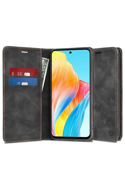 SKYDDAR INNOVATION Husă pentru Oppo A58 4G, portofel moale, piele ecologică premium tip card, neagră, set autocolante