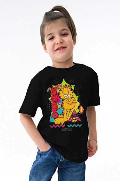 Kids تي شيرت أسود للأطفال مطبوع عليه قطة غارفيلد للجنسين