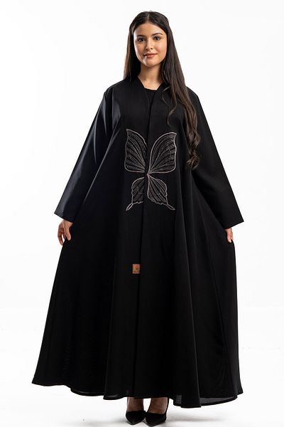Hasnaa Abaya Abaya with gray butterfly embroidery on the front
