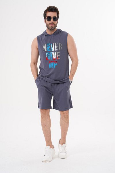 ACTIVE MODA للرجال - لا تستسلم أبدًا - قميص رياضي مطبوع - طقم شورت مكون من قطعتين مقاس كبير من القطن