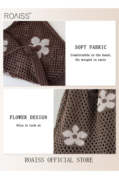 ROAISS Women's Shoulder Bag Tote Bag Flower Pattern Knitted Bag Hollow