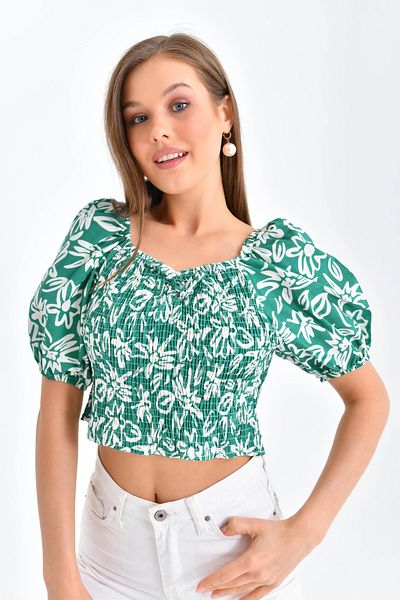 Park Karon Bluză crop cu mâneci balon cu model floral pentru femei