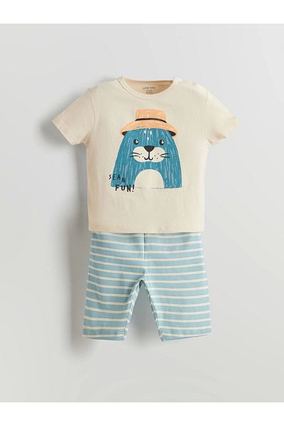 LC Waikiki Lcw Baby Ecru Cute Printed Baby Boy T-Shirt and Short Leggings 2-Pack