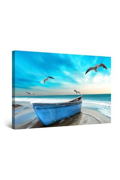 startonight Tablou DualView Startonight Plaja cu Barca Albastra si Pasari, luminos in intuneric, 60 x 90 cm