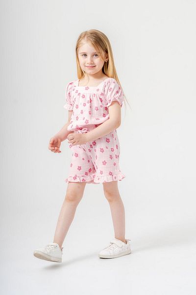 Minigimin Cicileri Mini Girl's Muslin Girl's Shorts Set with Flower Print - Pink