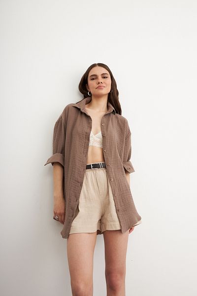 Bipantolon Дамска риза Oversize Basic от муселин, цвят мляко и кафе