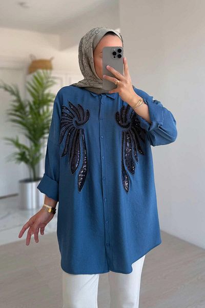 Ka Hijab Cămașă cu paiete Doha - Indigo