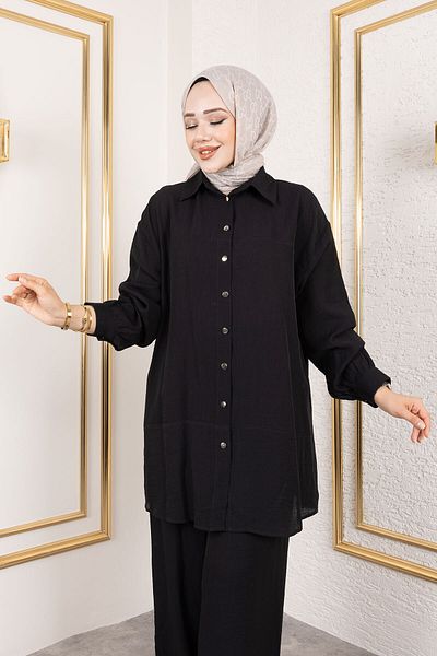 Tesettür Dünyası Double Suit with Stitching Detail Tsd250180 Black