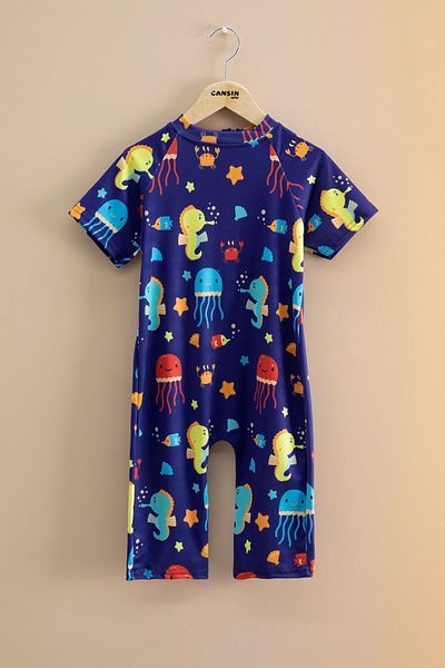 Cansın Mini Navy Blue Animal Printed Boy's Short Sleeve Swimsuit 21132