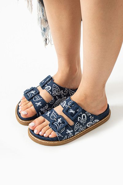 walviss Ebony Genuine Leather Double Buckle Navy Blue White Slippers