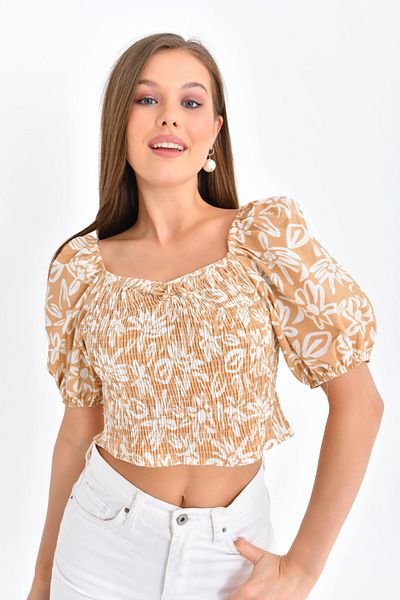 Park Karon Bluză crop cu mâneci balon cu model floral pentru femei