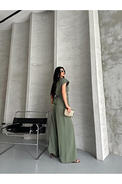MYGİYİMİSTANBUL Slim Belt Detail V-Neck Sleeveless Top Wide Leg Pants Two-Piece Set