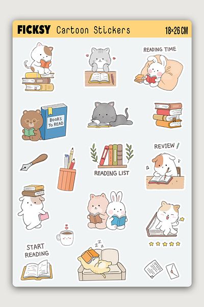 Ficksy Kawaii Style Cute Animals Book Lover Themed Sticker Set - 31 Pieces of Sticker Stickers