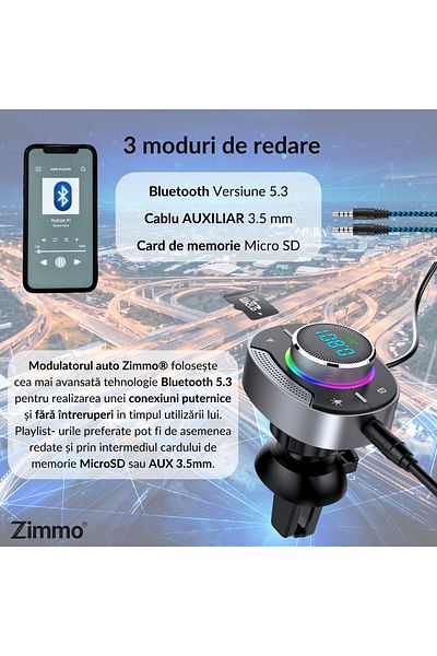 Zimmo® Zimmo® BT 5.3 FM Modulator, FM Radio, Type-C Fast Charging, SuperBass, AUX and Micro SD