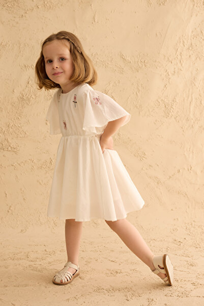 Fahhar Kids Volanlı Nakışlı Pamuk Elbise Ekru