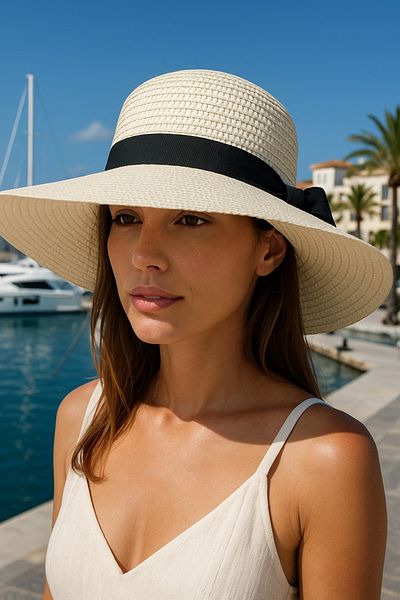 LAGRANZE Women's Ribbon Detailed Hand Knitted Straw Hat Summer Wide Brim Beach Hat