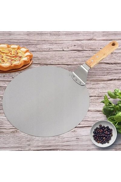 OEM Pizza tray with handle, stainless steel and wood, 25.5 cm