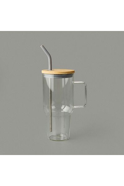 MATMEL Maxi Bamboo Lid Glass Cup with Straw - Transparent / Light Brown - 1 Lt