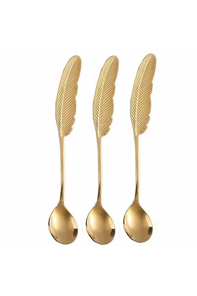PUFO Set of 3 Pufo Feather spoons for coffee, tea, dessert, steel, feather-shaped handle, gold, 15.5cm