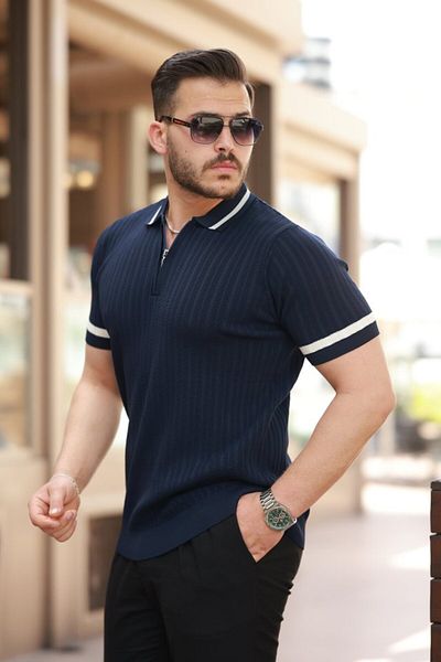 Modayakamoz Tricou cu mânecă scurtă cu fermoar și detaliu de linie pentru guler și mâneci pentru bărbați