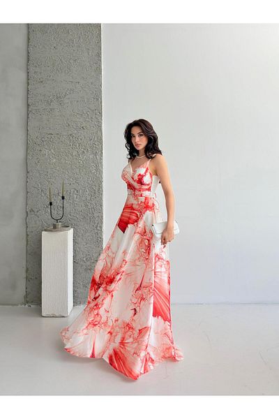 Serica Moda Red Patterned Strap Lined Organza Evening Dress