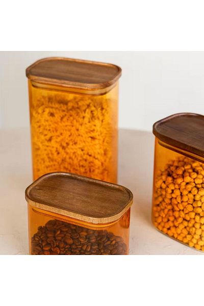 MATMEL Mia Acacia Rectangular Glass Jar - Amber - 500 ml