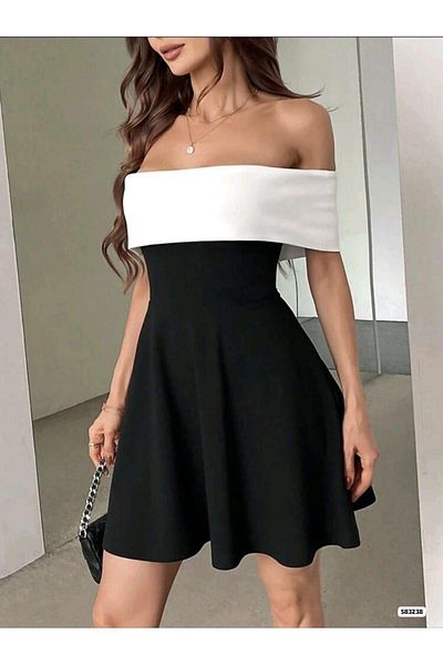 maf collection Γυναικείο Μίνι βραδινό φόρεμα από μαύρο κρεπ ύφασμα Madonna γιακά
