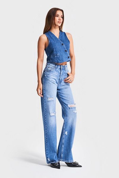 its basic Blugi de damă de culoare albastră 10s5-4, cu croiala dreaptă, rupte, cu detalii laser, 100% bumbac, cu talie înaltă
