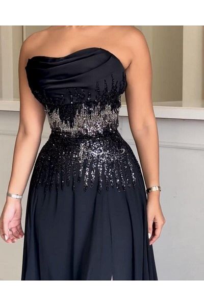 ALANOOD FASHION Long black dress with a waist tie