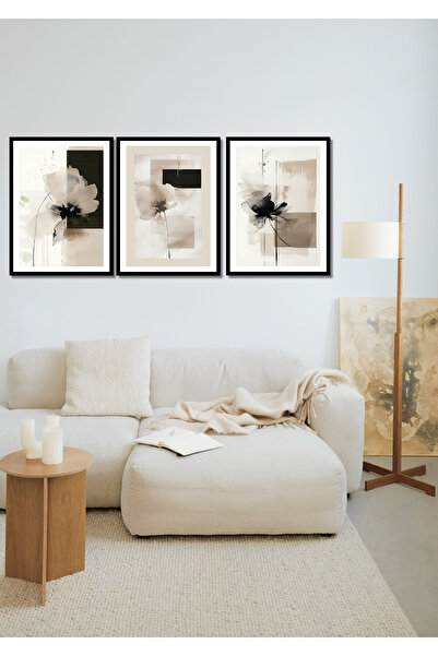 NT Handmade Black Wooden Frame Look 3 Piece Abstract Wall Decor Painting Set for Living Room Bedroom