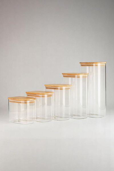 Mirilliahome Set of 5 Vacuumed Rectangular Borosilicate Glass Jars with Bamboo Lids – Food and Pulses Storage
