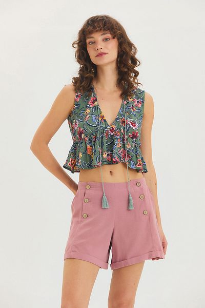 Clandestino V-Neck Floral Patterned Crop Blouse Gray