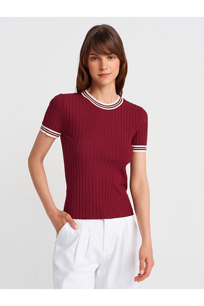 Dilvin 10765 Crew Neck Striped Knitwear Blouse-Claret Red-Cream