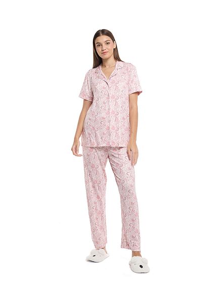 R&B Pink Printed Lapel Collar Pyjama Set