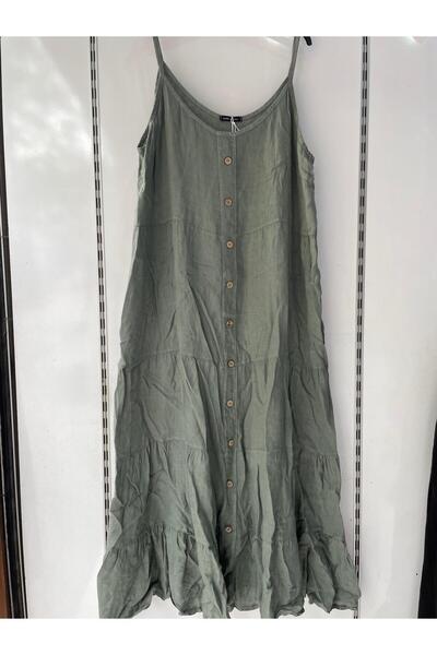 Gezginimport Keten Elbise %100 Ham Keten Askılı Elbise Önü Düğme Detaylı