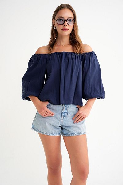 Mixray 4706 Women's Backless Balloon Sleeve Strapless Blouse Navy Blue