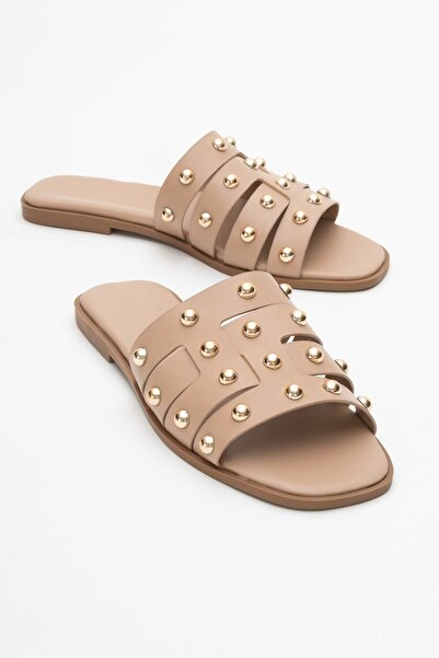 PASSAGE SHOES Women's Faux Leather Troc Detailed Slippers 6321 Nude