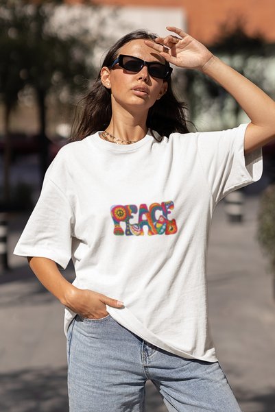 MG Peace Printed Women's Circle Neck Cotton Oversize Short Sleeve T-Shirt