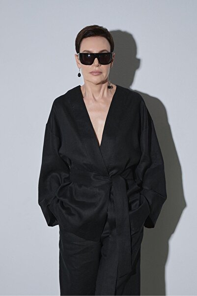 Suud Collection Black 100% Linen Eleni Kimono